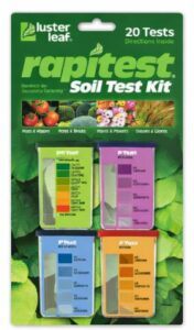 Luster Leaf Rapitest soil test kit packaging showing color charts for pH, nitrogen, phosphorus, and potassium, used for testing garden and lawn soil health.