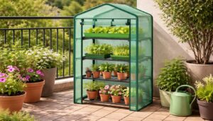 mini greenhouse with green mesh cover and four shelves set on patio with potted plants and seedlings inside