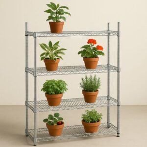 Adjustable metal greenhouse shelving with potted herbs and flowers arranged neatly on four tiers.