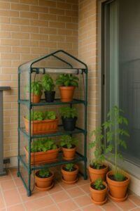 Small three-tier mini greenhouse with a green metal frame and clear cover, filled with potted herbs and vegetables on a tiled balcony beside a brick wall and sliding glass door.