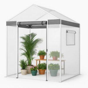 Studio-style image of the EAGLE PEAK 6×4 walk-in greenhouse with gray/white reinforced frame, clear PE panels, roll-up door, mesh window, and potted plants inside.