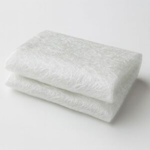 Folded fiberglass mat with visible interwoven glass fibers on a clean white background.
