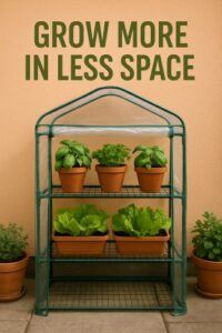 Compact patio greenhouse filled with herbs and greens in small containers.