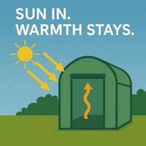 Illustration showing how sunlight heats soil and air inside a small greenhouse.