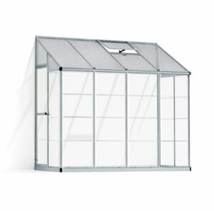 Palram Canopia 4×8 lean-to greenhouse with aluminum frame, polycarbonate panels, and adjustable roof vent on a white background