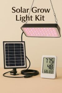 Solar Grow Light Kit displayed on a beige surface, featuring a hanging LED grow light emitting pink light, a connected solar panel with black cable, and a digital thermometer and humidity monitor showing temperature and humidity readings, with the text “Solar Grow Light Kit” above.