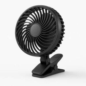 Black clip-on oscillating greenhouse fan on a white background.