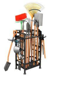 Studio-style image of a black 3-tier metal garden tool organizer fully loaded with rakes, shovels, brooms, hoes, and other yard tools, shown on a clean white background.