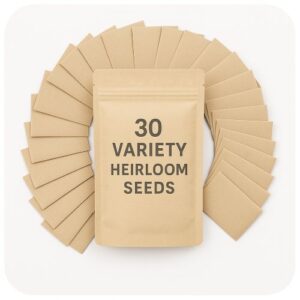 Organic 30-variety heirloom seed pack with assorted herb, green, and vegetable packets displayed on a clean white background.