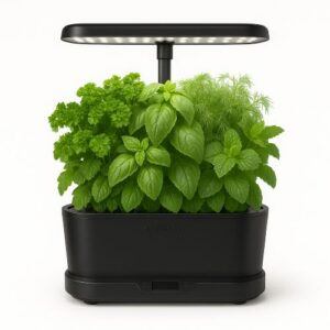 AeroGarden Bounty Basic indoor hydroponic garden in black with lush herbs growing under an LED light.