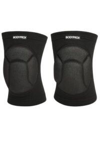 Studio-style image of a pair of black BODYPROX protective knee pads with textured thick sponge padding and elastic sleeve design on a clean white background.