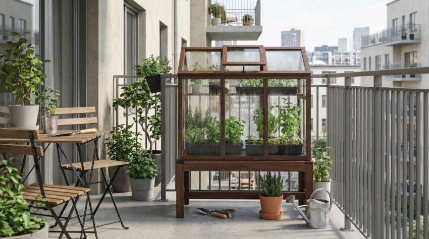 Compact wooden mini greenhouse on an apartment balcony with potted plants and urban city backdrop