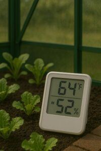 Digital greenhouse thermometer and hygrometer displaying temperature and humidity.