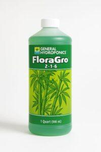 General Hydroponics FloraGro 2-1-6 liquid nutrient bottle on a clean white background.