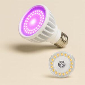 LED grow light bulb with purple glow and visible LED ring.
