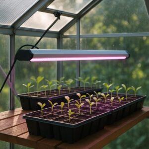 Seed starter trays under grow lights to promote strong seedling growth in spring.
