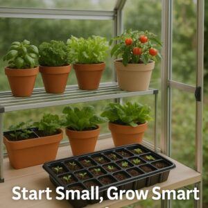 Mini greenhouse with seedlings, herbs, and small vegetable plants in lightweight containers and seed trays.