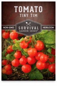 Tiny Tim tomato seed packet showing clusters of bright red cherry tomatoes on green vines with non-GMO and heirloom labeling.