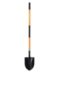 Full-length studio-style image of the VNIMTI heavy duty gardening shovel featuring a bright orange fiberglass handle with black foam grips and a black round-point steel blade, centered on a pure white background.
