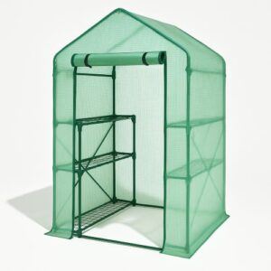 Walk-in mini greenhouse with green PE cover and metal frame.