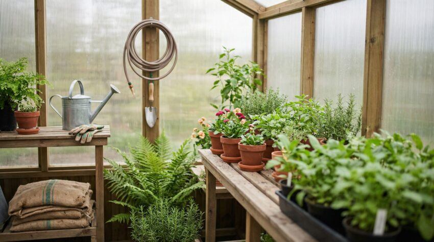 Clean and organized small greenhouse interior with healthy potted plants, watering can, and gardening tools on wooden benches