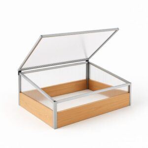 Small cold-frame greenhouse with clear lid for protecting seedlings.