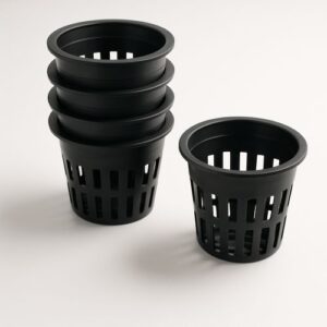Stacked 3-inch black hydroponic net pots used for Kratky microgreen and indoor hydroponic setups.