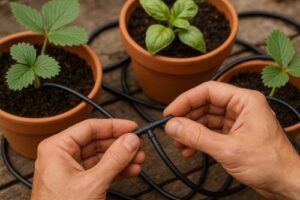 Hands connecting tubing of a small drip irrigation system around potted plants.