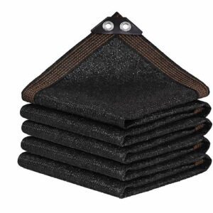 Stacked black 40% shade cloth with reinforced edges and metal grommets on a white background