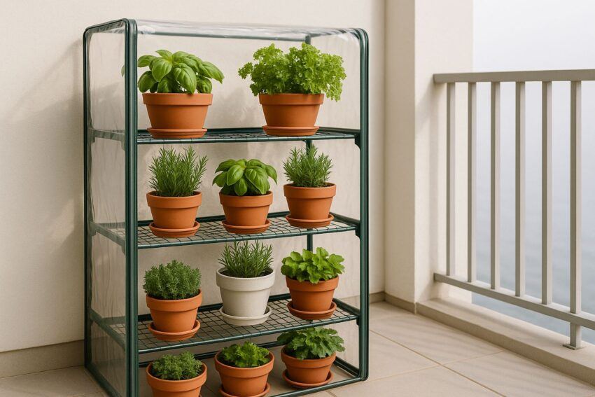 Four-tier balcony greenhouse with terracotta potted herbs arranged on metal shelves beside a railing on a small outdoor balcony.