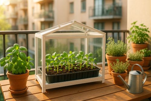 A warm, inviting balcony garden scene featuring a clear mini greenhouse on a wooden table, surrounded by potted basil, mint, and thyme, with soft morning sunlight and blurred urban apartments in the background.