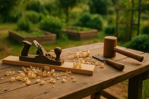 Hand plane, mallet, and chisel on a rustic wooden workbench with wood shavings, set in a peaceful garden with raised beds in the background