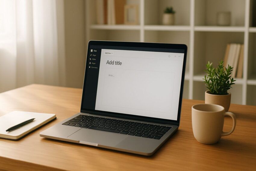Clean, sunlit workspace with a laptop showing a blank blog editor on a wooden desk, surrounded by a notebook, pen, coffee mug, and small plant, creating a cozy and motivational home-office atmosphere.