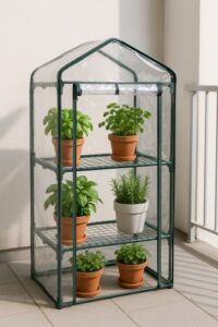 Three-tier balcony greenhouse with a clear PVC cover, showing neatly arranged potted herbs and small plants on wire shelves in bright natural sunlight.