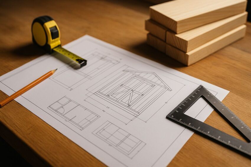 Detailed shed blueprint on a wooden workbench with a tape measure, pencil, square, and stacked lumber in soft natural light.