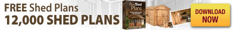 Banner showing “Free Shed Plans – 12,000 Shed Plans” with images of shed designs and a yellow Download Now button.