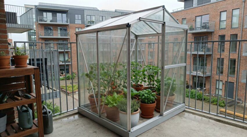 Compact balcony greenhouse with potted vegetables and herbs on an apartment balcony surrounded by railings and buildings