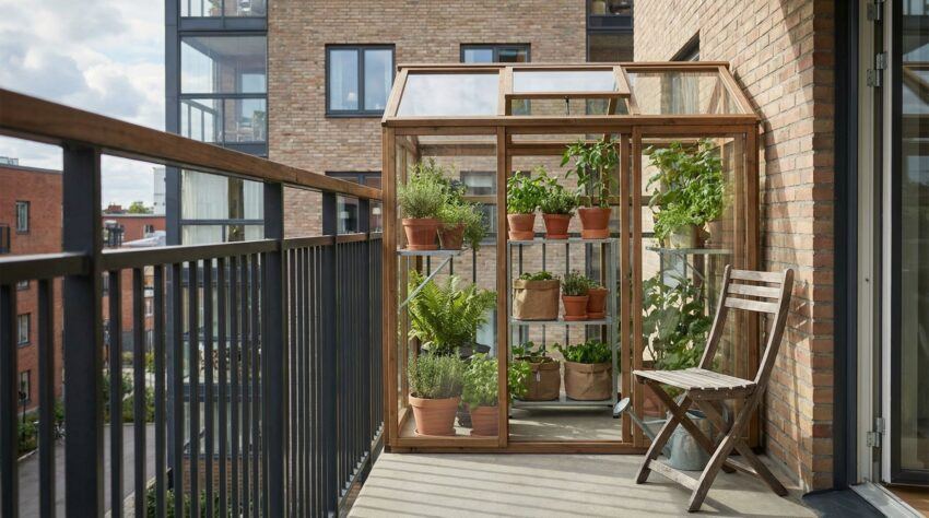 balcony greenhouse on an apartment balcony with potted plants and shelving