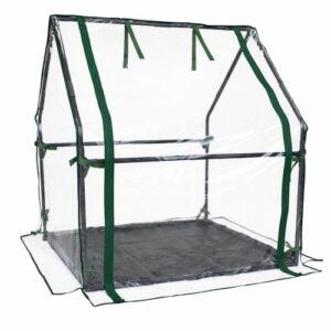 Compact portable pop-up greenhouse with clear PVC cover, green reinforced seams, zippered openings, and a waterproof floor mat.