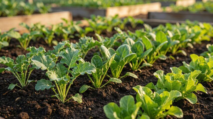 Healthy green vegetable plants growing in rich soil under warm morning sunlight