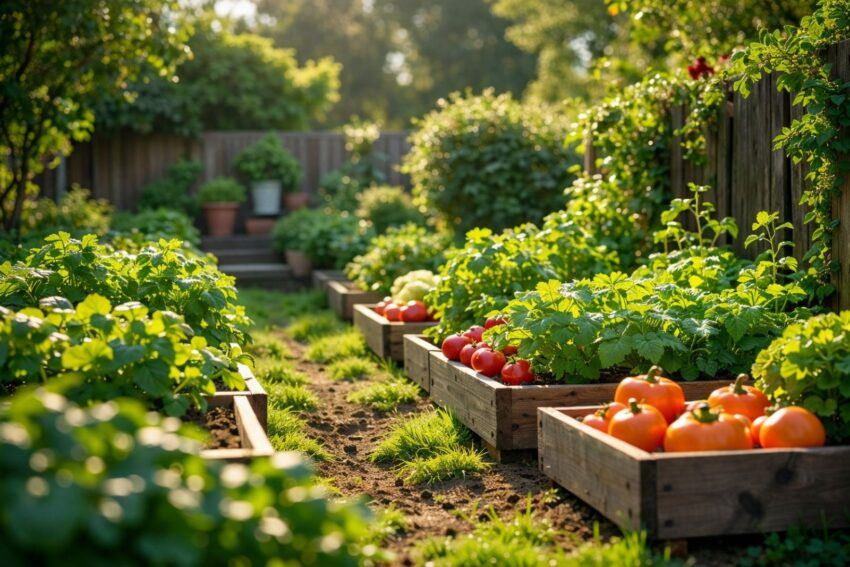 Lush backyard garden with raised wooden beds full of leafy greens and ripe tomatoes along a sunlit dirt path.