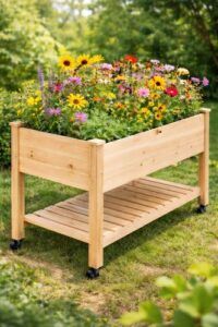 Raised wooden garden bed on caster wheels filled with colorful blooming flowers, set outdoors on a grassy lawn with a green, leafy background.