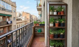 Slim vertical mini greenhouse placed against a wall on a tiny apartment balcony to maximize growing space.